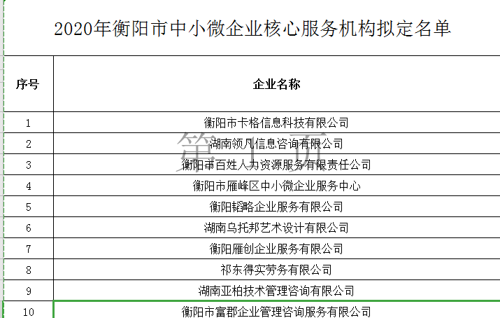 2020年衡陽市中小微企業核心服務機構擬定名單